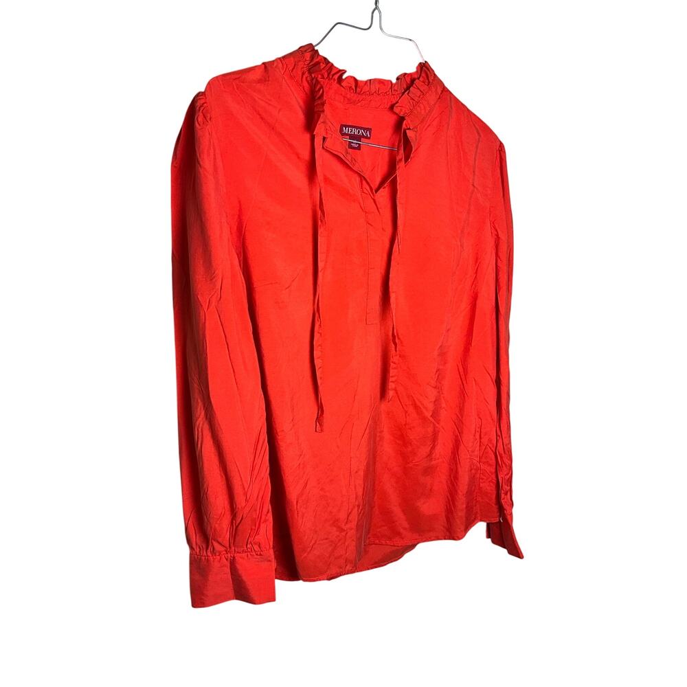 Merona Blouse Top Women Medium Orange Stretch Long Sleeve Ruffle Collar Pullover